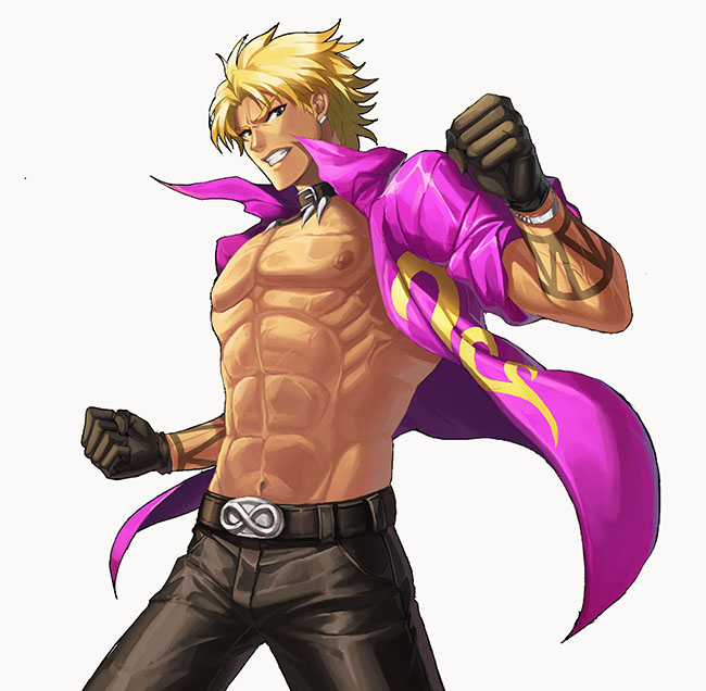 1boy abs bad_id bad_pixiv_id belt belt_buckle black_belt black_gloves black_pants blonde_hair buckle clenched_teeth collar collared_shirt cowboy_shot dark-skinned_male dark_skin gloves jacket looking_at_viewer male_focus muscular muse_(rainforest) navel nipples open_clothes pants pectorals purple_shirt ribs shen_woo shirt sleeves_rolled_up snk solo tattoo teeth the_king_of_fighters