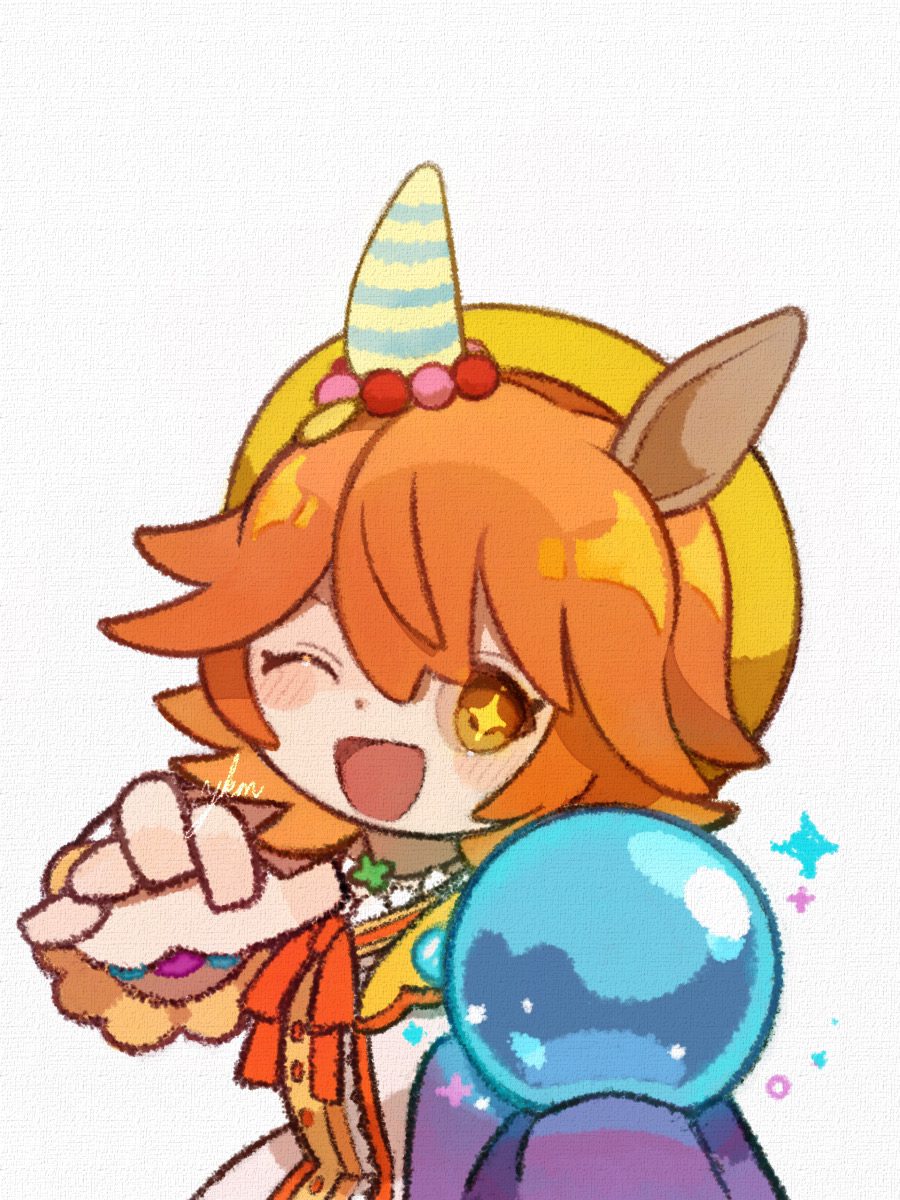 +_+ 1girl animal_ears beret blush_stickers buttons chibi commentary_request crystal_ball dress ear_covers flipped_hair four-leaf_clover_necklace frills hands_up hat head_tilt highres holding horse_ears horse_girl looking_at_viewer matikanefukukitaru_(good_omen_first_storm)_(umamusume) matikanefukukitaru_(umamusume) multicolored_dress neck_ribbon one_eye_closed open_mouth orange_dress orange_eyes orange_ribbon outstretched_hand ribbon short_hair signature simple_background single_ear_cover smile solo sparkle umamusume upper_body watermark white_background white_dress yellow_hat yellow_pupils yknsugar