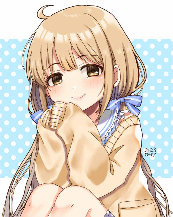 1girl ahoge ayaca blonde_hair blue_dress blue_ribbon cardigan dated dotted_background dress futaba_anzu hair_ribbon idolmaster idolmaster_cinderella_girls letterboxed long_hair long_sleeves looking_at_viewer low_twintails pink_lips ribbon sitting sleeves_past_wrists smile solo twintails upper_body yellow_eyes