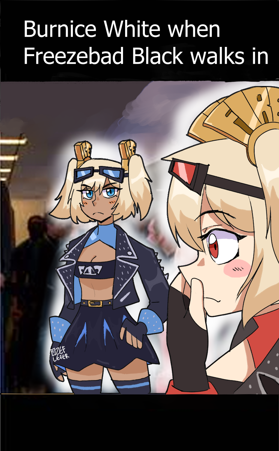 2girls artist_name black_jacket black_thighhighs black_tube_top blonde_hair blue-tinted_eyewear blue_eyes blush breasts burnice_white cleavage covering_own_mouth crop_top dark-skinned_female dark_skin dual_persona eyewear_on_head gloves hair_ornament hand_on_own_hip hand_over_own_mouth highres jacket meme multiple_girls polar_opposites red-tinted_eyewear red_eyes signature skirt spiked_jacket strapless sunglasses thighhighs tinted_eyewear tube_top twintails zeflefer zenless_zone_zero