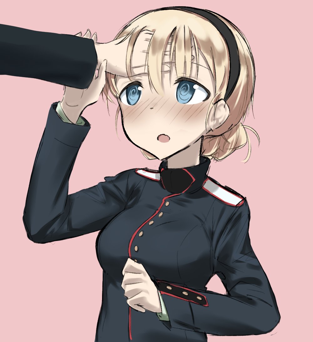 1girl @_@ blonde_hair blue_eyes blush braid braided_bun fankupl female_focus hair_bun hand_on_forehead military military_uniform noble_witches open_mouth rosalie_de_hemricourt_de_grunne simple_background solo strike_witches wavy_mouth world_witches_series