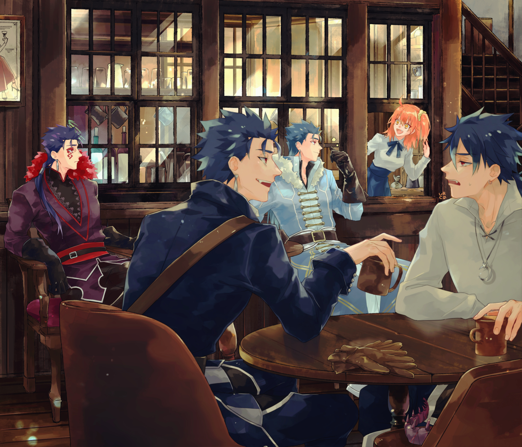 1girl 4boys alternate_costume bar_(place) beads belt blue_hair bottle chair closed_mouth coat crescent crescent_necklace cu_chulainn_(caster)_(fate) cu_chulainn_(caster)_(the_musketeers)_(fate) cu_chulainn_(fate) cu_chulainn_(fate/prototype) cu_chulainn_(fate/stay_night) cu_chulainn_alter_(fate) cu_chulainn_alter_(fate/grand_order) cup dark_persona earrings facepaint fang fate/grand_order fate/prototype fate/stay_night fate_(series) fujimaru_ritsuka_(female) fujimaru_ritsuka_(female)_(anniversary_blonde) fur-trimmed_coat fur-trimmed_shirt fur_trim gloves hair_beads hair_ornament hair_scrunchie highres jewelry kajijii long_hair male_focus mini_cu-chan_(fate) mug multiple_boys multiple_persona necklace open_mouth orange_hair overcoat pants ponytail popped_collar red_eyes ribbon scrunchie shirt short_hair side_ponytail sitting skirt spiked_hair strap the_musketeers_(fate/grand_order) type-moon unworn_gloves wine_bottle yellow_eyes