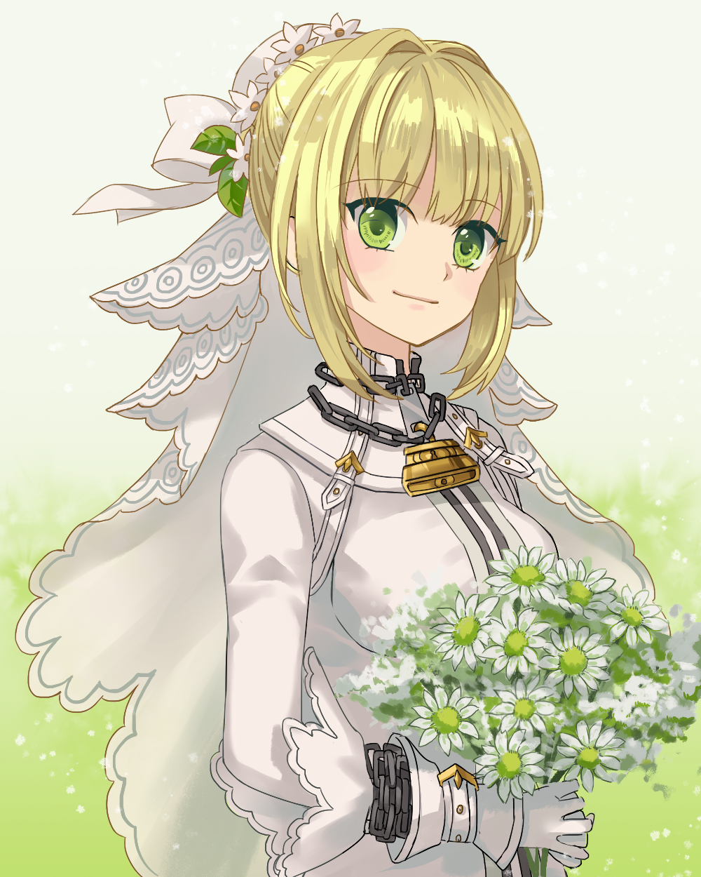 blonde_hair bouquet breasts bridal_veil chain fate/grand_order fate_(series) flower green_eyes hair_intakes highres large_breasts lock nero_claudius_(bride)_(fate) nero_claudius_(fate) padlock padlocked_collar short_hair veil white_sleeves yuli_(yulipo)