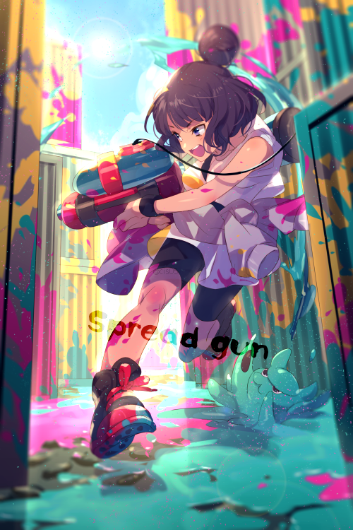 1girl black_shorts blue_eyes blue_sky blush breasts clothes_around_waist echo_(circa) fate/grand_order fate_(series) grey_jacket hair_bun heroic_spirit_traveling_outfit jacket jacket_around_waist katsushika_hokusai_(fate) katsushika_hokusai_(traveling_outfit)_(fate) looking_to_the_side medium_breasts octopus official_alternate_costume open_mouth paint paint_gun purple_hair shipping_container shoes short_hair shorts single_hair_bun sky smile sneakers solo tank_top tokitarou_(fate) white_tank_top