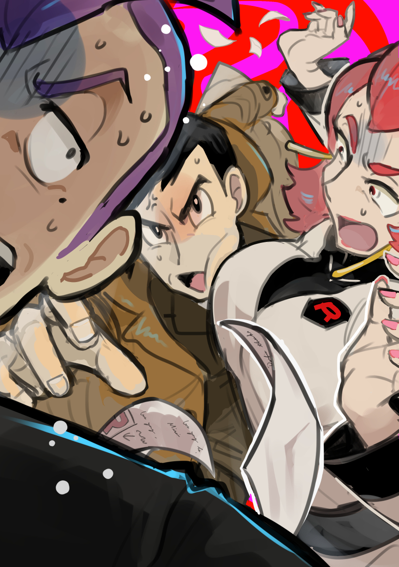 1girl 2boys anger_vein ariana_(pokemon) black_hair breasts coat looker_(pokemon) looking_at_another mole mole_under_eye multiple_boys nail_polish niji_(shihio) nintendo open_mouth petrel_(pokemon) pokemon pokemon_dppt pokemon_hgss purple_hair reaching red_hair red_nails sweat team_rocket team_rocket_uniform trench_coat