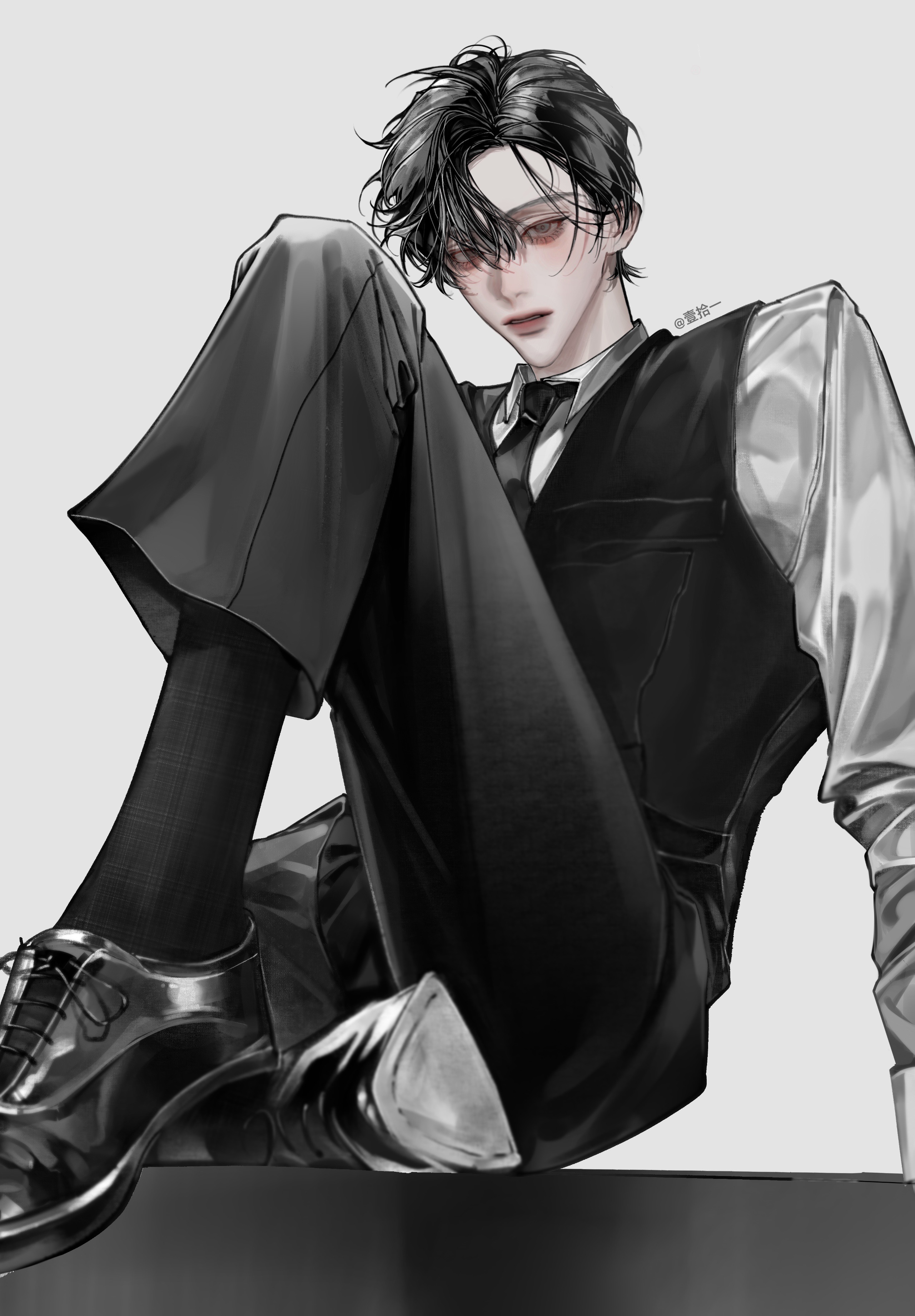 1boy absurdres artist_name black_hair black_necktie black_pants black_shoes black_socks black_vest blush chinese_commentary closed_mouth collared_shirt eyelashes feet_on_table grey_background grey_eyes hair_between_eyes highres in_love_with_an_idiot jian_suiying keeeeeppppp knee_up lips long_sleeves looking_at_viewer male_focus necktie pants shirt shoes short_hair simple_background sitting socks solo table vest white_background white_shirt