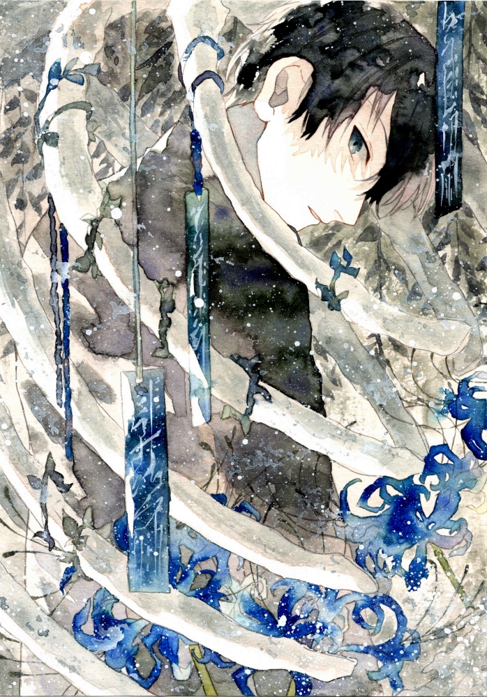 1boy blue_eyes blue_flower blue_spider_lily blue_theme flower from_side light_particles long_sleeves looking_at_viewer male_focus original painting_(medium) parted_lips potato_(popopopopo623) profile short_hair sideways_glance skeleton solo spider_lily string talisman traditional_media upper_body watercolor_(medium)