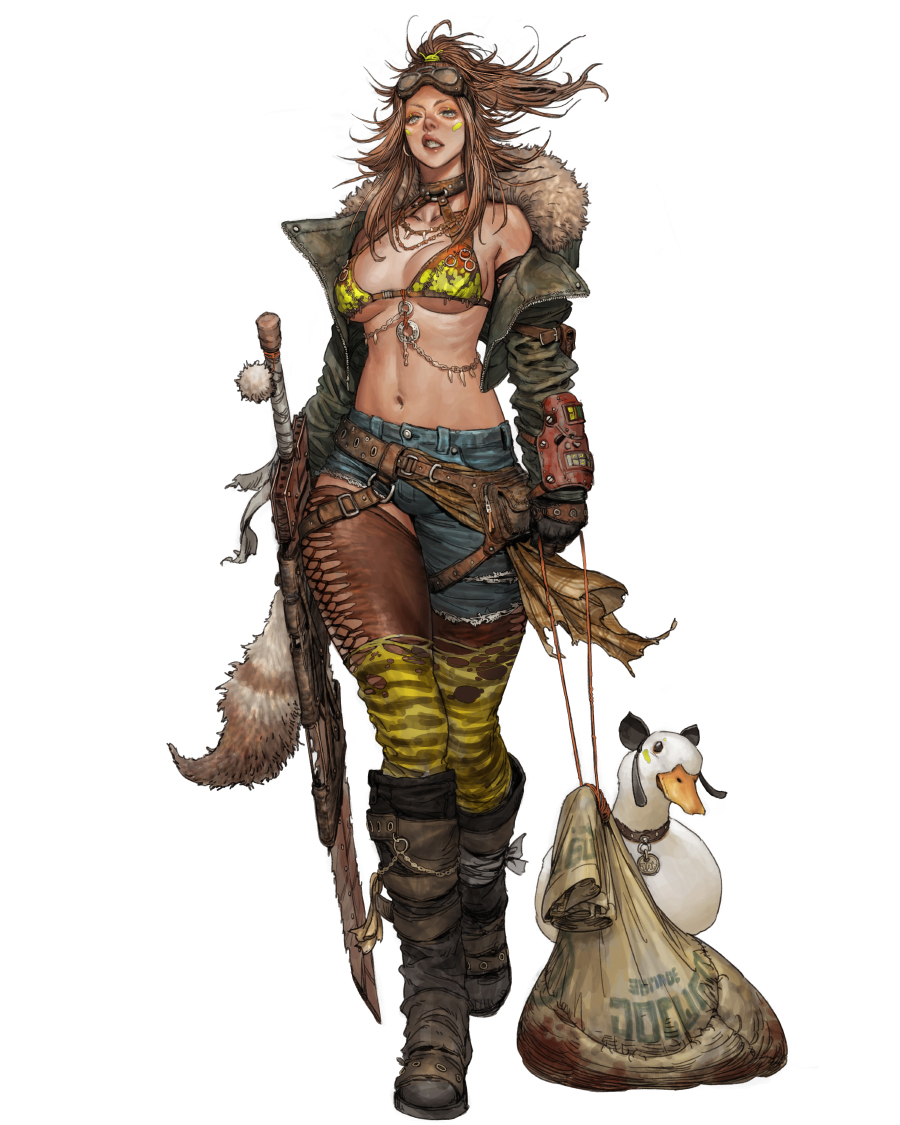 1girl bag belt bird black_collar black_ribbon boots brown_belt brown_boots brown_choker brown_gauntlets brown_hair brown_socks choker clenched_teeth collar denim goggles goose high_ponytail holding holding_bag huge_weapon jacket jeans jewelry necklace open_clothes open_jacket original pants ponytail raccoon_tail ribbon scabbard sheath simple_background socks sword tahra tail teeth tooth_necklace torn_clothes torn_jeans torn_pants two-tone_bra weapon white_background yellow_eyes
