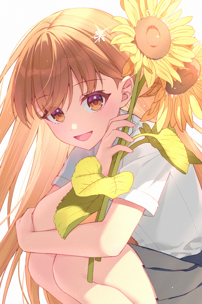 1girl ano_natsu_no_itsuka_wa_(vocaloid) brown_eyes brown_hair flower highres jenevan knees looking_at_viewer open_mouth skirt solo squatting sunflower sunlight