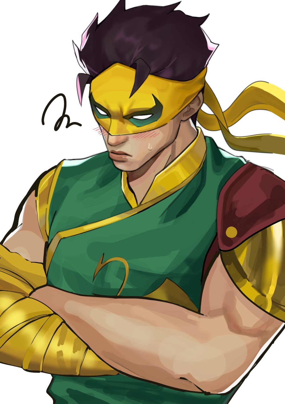 1boy armor bandaged_arm bandages black_hair blush closed_mouth commentary crossed_arms green_robe highres iron_fist_(marvel) jonie_dom lin_lie_(marvel) male_focus marvel marvel_rivals mask pauldrons pout robe short_hair shoulder_armor simple_background single_pauldron sleeveless_robe solo squiggle upper_body white_background white_eyes yellow_mask