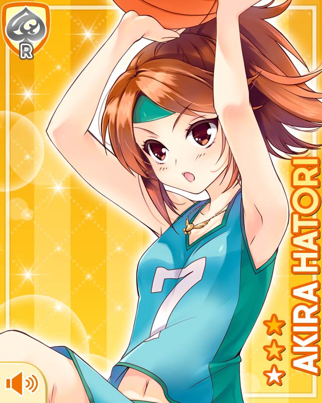 1girl basketball basketball_uniform brown_eyes brown_hair card character_name cyan_shirt fang female_focus girlfriend_(kari) hair_ornament hairclip hatori_akira headband holding jumping official_art open_mouth plaid_clothes plaid_skirt ponytail qp:flapper raised_arm shirt shorts skirt smile solo sportswear tagme yellow_background