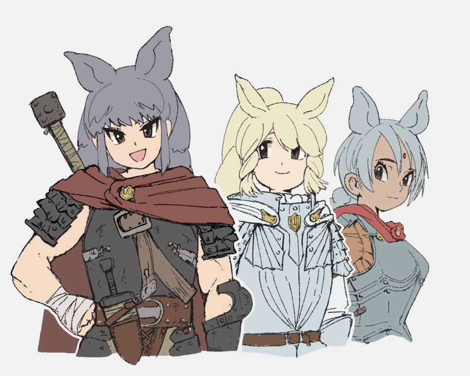 3girls arm_at_side armor arms_at_sides bandaged_hand bandages berserk black_hair black_rhinoceros_(kemono_friends) blonde_hair braid breastplate brown_eyes cape casca_(berserk) casca_(berserk)_(cosplay) closed_mouth cosplay cropped_torso dark-skinned_female dark_skin gauntlets grey_hair griffith_(berserk) griffith_(berserk)_(cosplay) guts_(berserk) guts_(berserk)_(cosplay) hand_on_own_hip hatch_(hatch_box) head_tilt indian_rhinoceros_(kemono_friends) kemono_friends knife knife_sheath long_sleeves looking_at_viewer multiple_girls open_mouth sheath shoulder_armor simple_background single_braid single_gauntlet smile sword upper_body weapon weapon_on_back white_background white_rhinoceros_(kemono_friends)