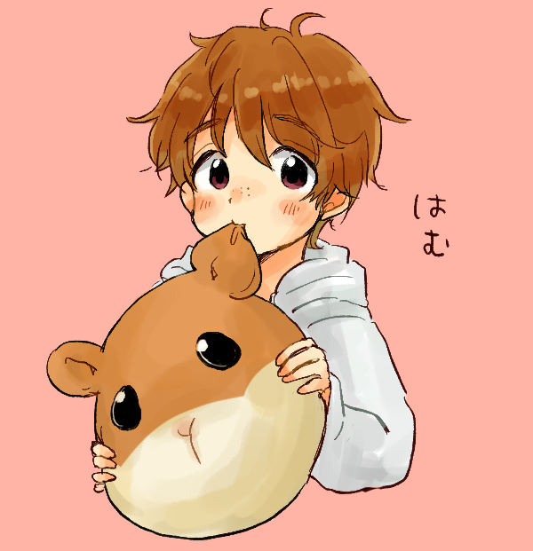 10s 1boy biting brown_eyes brown_hair freckles hood hoodie ji_guang-hong male_focus oimo_mushi stuffed_animal stuffed_hamster stuffed_toy yuri!!!_on_ice