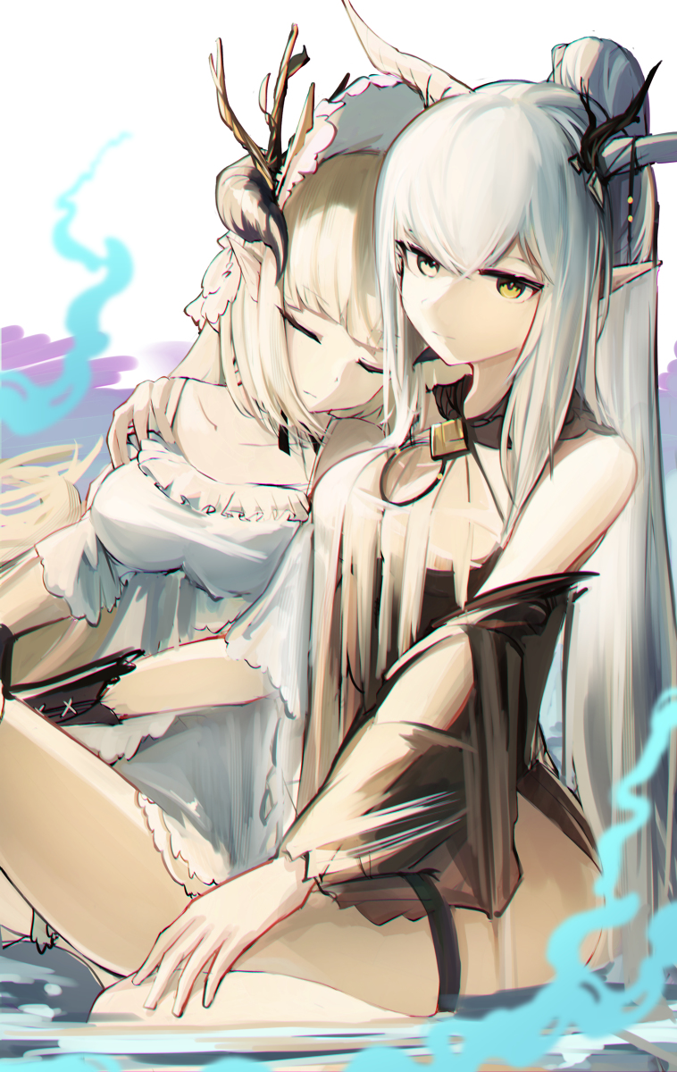 2girls arknights blonde_hair closed_eyes demon_horns dress highres horns long_hair mizuhashi_parusui multiple_girls nightingale_(arknights) shining_(arknights) shining_(silent_night)_(arknights) sleeping white_dress white_hair yellow_eyes yuri