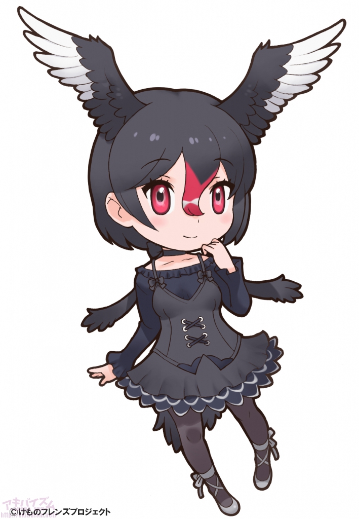 1girl black_hair black_swan_(kemono_friends) kemono_friends looking_at_viewer official_art red_eyes short_hair simple_background solo tachi-e yoshizaki_mine