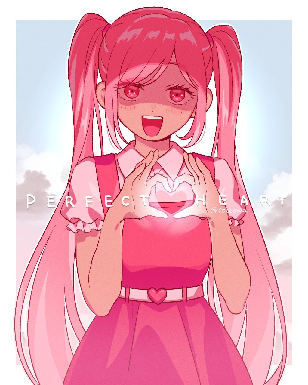 1girl :d belt blush border character_name cloud collared_shirt commentary_request dark-skinned_female dark_skin dress frilled_sleeves frills hands_up heart heart_belt heart_hands heart_in_heart_hands highres long_hair looking_at_viewer mommorua omori open_mouth outside_border perfectheart_(omori) pinafore_dress pink_dress pink_eyes pink_hair puffy_short_sleeves puffy_sleeves shaded_face shirt short_sleeves sidelocks simple_background sleeveless sleeveless_dress smile solo teeth tongue twintails twitter_username upper_body upper_teeth_only white_belt white_border white_shirt