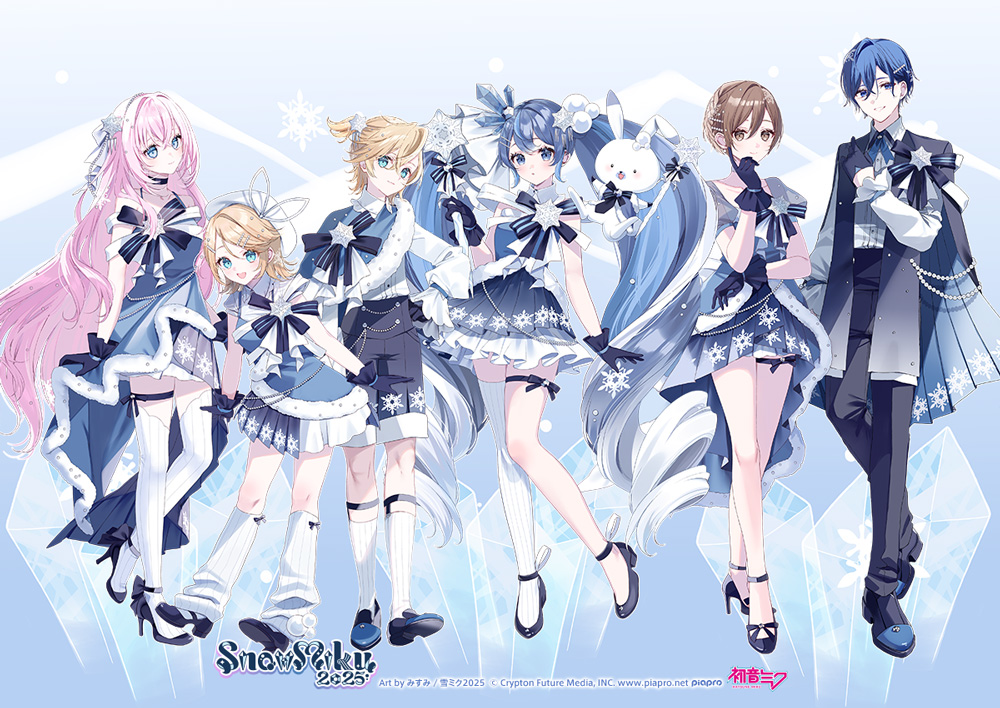 2boys 4girls :o animal aqua_eyes asymmetrical_legwear beret black_footwear black_jacket black_pants blonde_hair blue_capelet blue_eyes blue_gloves blue_hair blue_shorts blue_skirt brown_eyes brown_hair capelet character_name commentary copyright_notice crystal crystal_hair_ornament dress_pants dress_shirt drill_hair full_body fur-trimmed_capelet fur-trimmed_skirt fur_trim gloves grin hair_ornament hair_ribbon hairclip halterneck hand_on_own_face hat hatsune_miku high_heels holding holding_wand ice_crystal icicle jacket kagamine_len kagamine_rin kaito_(vocaloid) kneehighs layered_skirt leaning_forward legwear_garter logo long_hair looking_at_viewer low_drills megurine_luka meiko meiko_(vocaloid) miniskirt misumi_(macaroni) multiple_boys multiple_girls official_art open_mouth pants pink_hair pleated_skirt ponytail rabbit rabbit_yukine ribbon second-party_source shirt short_hair short_ponytail shorts single_thighhigh skirt skirt_hold sleeveless sleeveless_shirt slippers smile snowflake_brooch snowflake_hair_ornament snowflake_print socks string_of_pearls striped_clothes striped_thighhighs swept_bangs thigh_strap thighhighs twin_drills twintails vertical-striped_clothes vertical-striped_thighhighs very_long_hair vocaloid wand white_hair white_hat white_ribbon white_shirt white_socks white_thighhighs yuki_kaito yuki_len yuki_luka yuki_meiko yuki_miku yuki_miku_(2025) yuki_rin