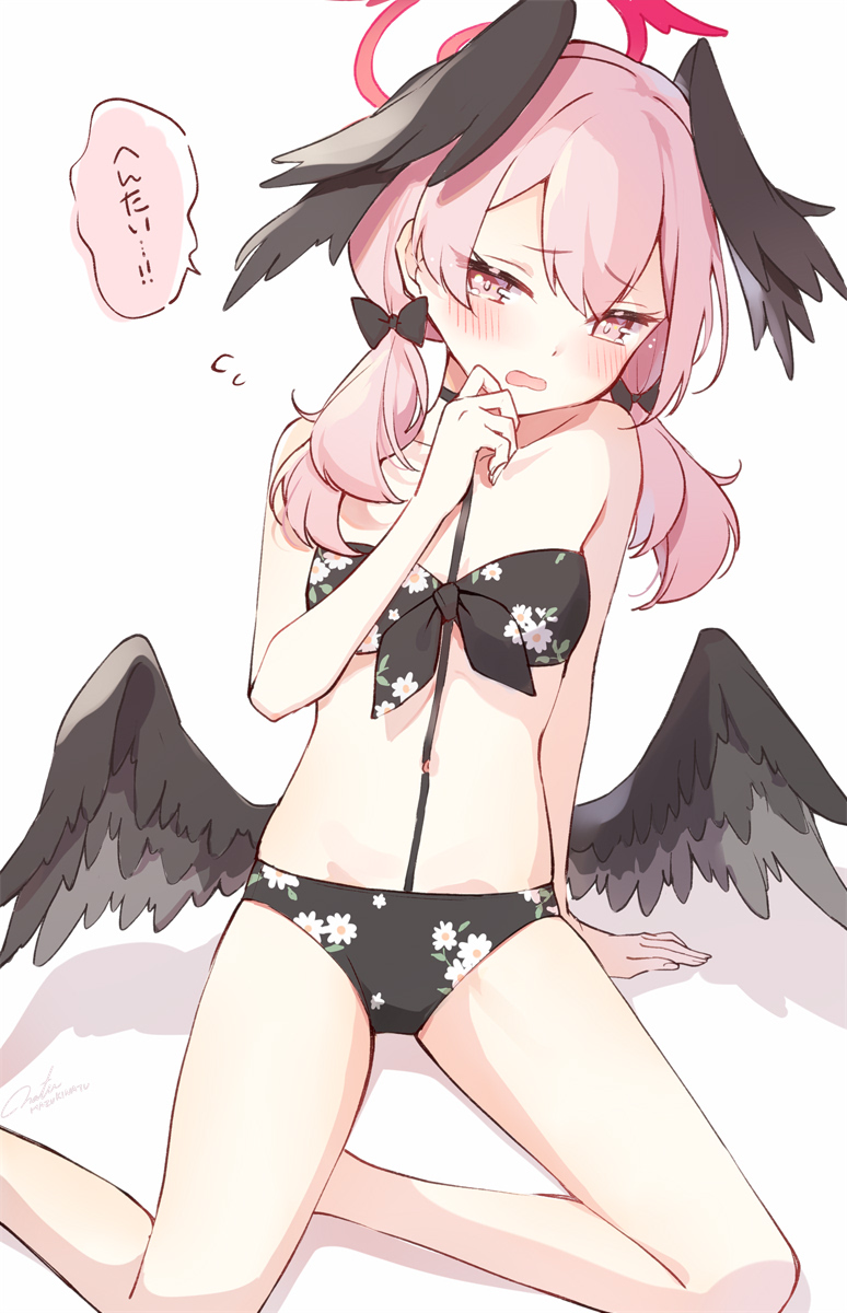 1girl arm_support bikini black_bikini black_bow black_wings blue_archive blush bow breasts collarbone commentary_request double-parted_bangs feathered_wings floral_print front-tie_bikini_top front-tie_top hair_between_eyes hair_bow hair_over_shoulder halo hand_up hazuki_natsu head_wings highres koharu_(blue_archive) koharu_(swimsuit)_(blue_archive) long_hair low_twintails low_wings navel official_alternate_costume open_mouth pink_eyes pink_hair pink_halo print_bikini sitting small_breasts solo speech_bubble strapless strapless_bikini swimsuit twintails wings yokozuwari
