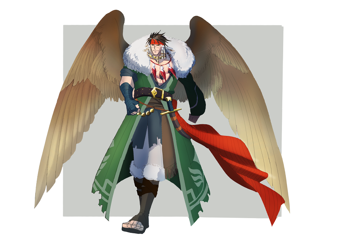 1boy bandaged_hand bandages bara closed_mouth coat commentary_request cross_scar feather_necklace feathered_wings fire_emblem fire_emblem:_radiant_dawn fur-trimmed_coat fur_trim headband jewelry male_focus muscular muscular_male naesala1063 necklace nintendo pectorals red_headband scar scar_across_eye scar_on_face scar_on_nose smile tibarn_(fire_emblem) wings