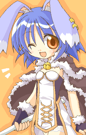 1girl 2000s_(style) :d animal_ears bell black_dress black_gloves blue_hair breasts brown_cape cape commentary_request cowboy_shot dress earclip fingerless_gloves fur-trimmed_cape fur-trimmed_gloves fur_trim gloves high_wizard_(ragnarok_online) holding holding_staff jingle_bell looking_at_viewer neck_bell notice_lines oekaki one_eye_closed open_mouth orange_background orange_eyes rabbit_ears ragnarok_online shirokuro_(lapinnoir) short_hair simple_background small_breasts smile solo staff two-tone_dress white_dress