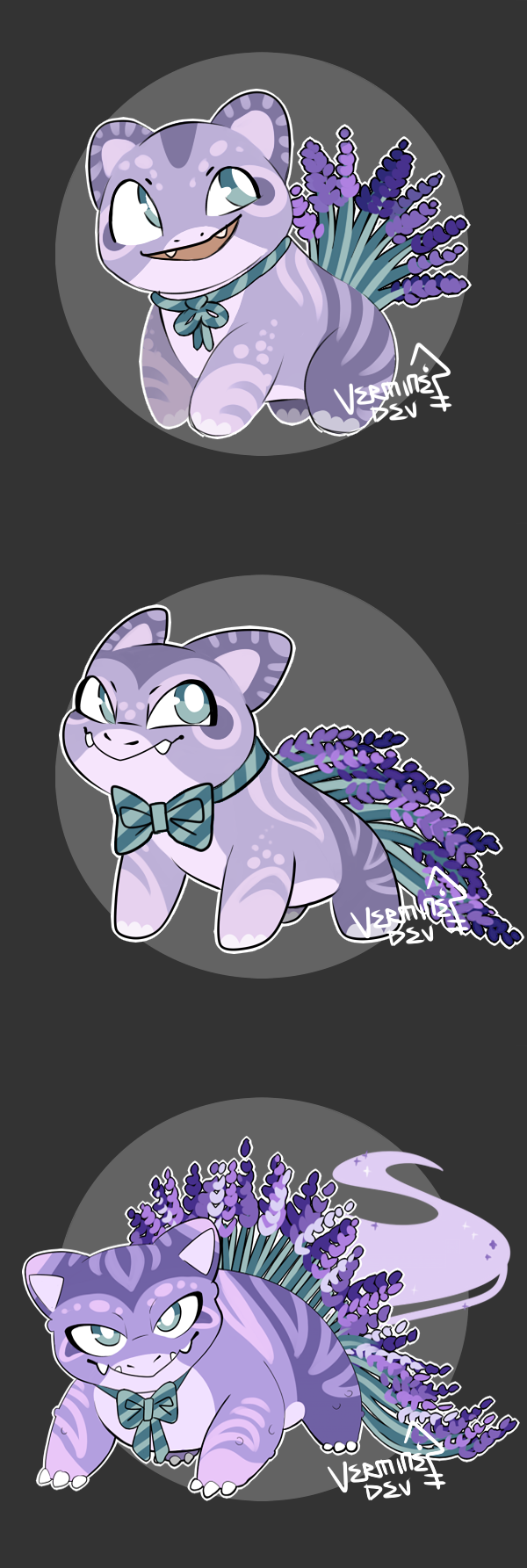 adoptable alternate_color animal_focus bright_pupils bulbasaur claws commentary evolutionary_line fangs flower gen_1_pokemon green_eyes grey_background highres ivysaur nintendo nostrils pokemon pokemon_(creature) purple_flower redesign ribbon signature smoke striped_ribbon venusaur verminedev white_pupils