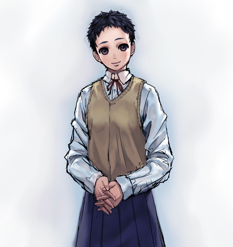 1girl black_hair blue_skirt brown_sweater_vest chyko closed_mouth collared_shirt commentary_request long_sleeves looking_at_viewer neck_ribbon original own_hands_together red_ribbon ribbon shirt short_hair simple_background skirt smile solo sweater_vest very_short_hair white_background white_shirt