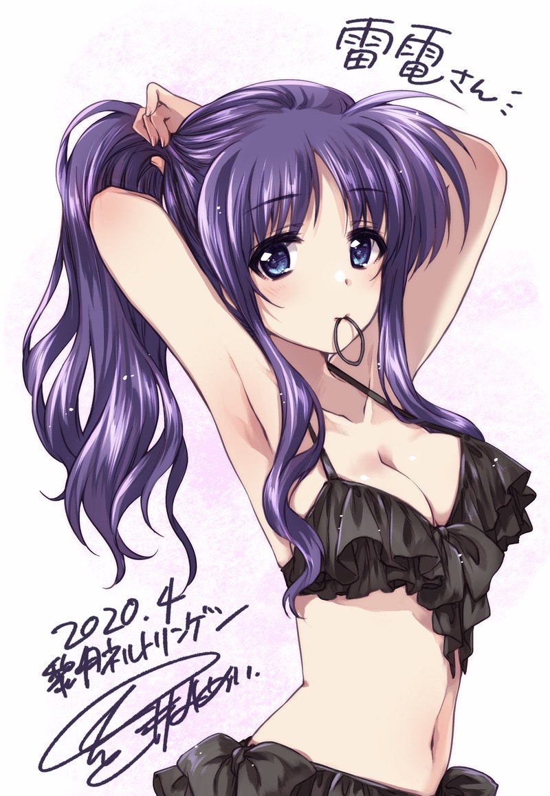 1girl armpits arms_up artist_name bikini black_bikini blue_eyes bow bow_bikini breasts cleavage closed_mouth commentary_request commission dated frilled_bikini frills hair_tie kuroi_mimei long_hair looking_at_viewer lyrical_nanoha mahou_shoujo_lyrical_nanoha_strikers medium_breasts navel ponytail purple_hair sidelocks signature skeb_commission solo standing swimsuit tsukimura_suzuka tying_hair upper_body