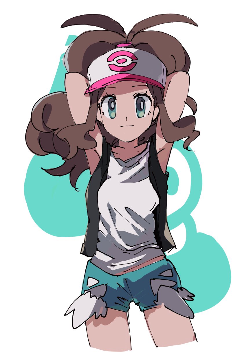 1girl antenna_hair arms_behind_head arms_up baseball_cap black_vest blue_eyes blue_shorts brown_hair closed_mouth cowboy_shot cutoffs hat highres hilda_(pokemon) long_hair looking_at_viewer nintendo open_clothes open_vest pokemon pokemon_bw ponytail shichibee_(stm_mimi) shirt shorts solo vest white_shirt