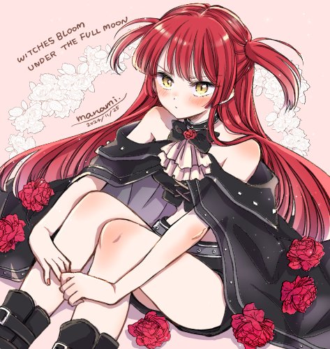 1girl artist_name ascot bare_shoulders belt black_boots black_bow black_cape black_shorts blush boots bow cape character_request check_clothing closed_mouth clothing_request commentary_request copyright_name dated flower grey_belt long_hair looking_at_viewer lowres majo_wa_mangetsu_ni_saku pink_background red_flower red_hair red_rose rose shorts signature sitting solo sugano_manami white_ascot white_flower yellow_eyes