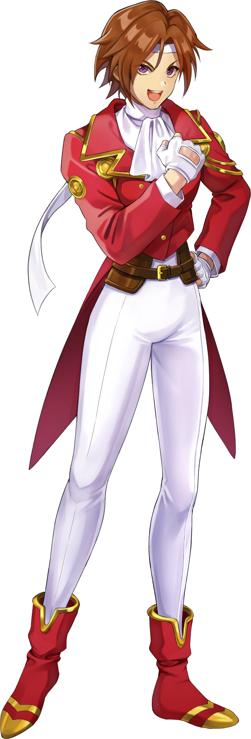 1girl absurdres aiguillette ankle_boots arrow_print artist_request ascot belt belt_buckle boots brown_belt buckle buttons clenched_hand coattails collar collared_jacket double-breasted double_vertical_stripe eyelashes final_gear fingerless_gloves full_body gloves gold_buckle gold_buttons hair_behind_ear hair_between_eyes hair_intakes hand_on_own_hip headband highres jacket kirishima_kanna knees light_brown_hair long_sleeves looking_at_viewer mandarin_collar military_uniform multicolored_boots official_art pants parted_bangs purple_eyes red_boots red_collar red_jacket red_sleeves red_uniform sakura_taisen sega short_hair simple_background smile solo standing striped_clothes striped_pants tachi-e tall_female teeth third-party_source tight_clothes tight_pants transparent_background two-tone_boots two-tone_collar upper_teeth_only v-shaped_eyebrows vertical-striped_clothes vertical-striped_pants white_ascot white_collar white_gloves white_headband white_pants white_sleeves yellow_boots