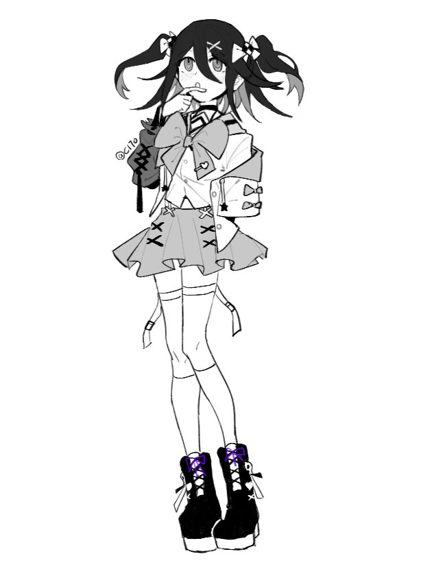 1girl :o bow bowtie cha_c170 danganronpa_(series) danganronpa_v3:_killing_harmony genderswap genderswap_(mtf) hair_between_eyes hair_bow hand_up high_heels jacket kneehighs long_sleeves looking_up miniskirt multicolored_hair off_shoulder oma_kokichi pleated_skirt sailor_collar shoes skirt socks solo spot_color standing twintails two-tone_hair