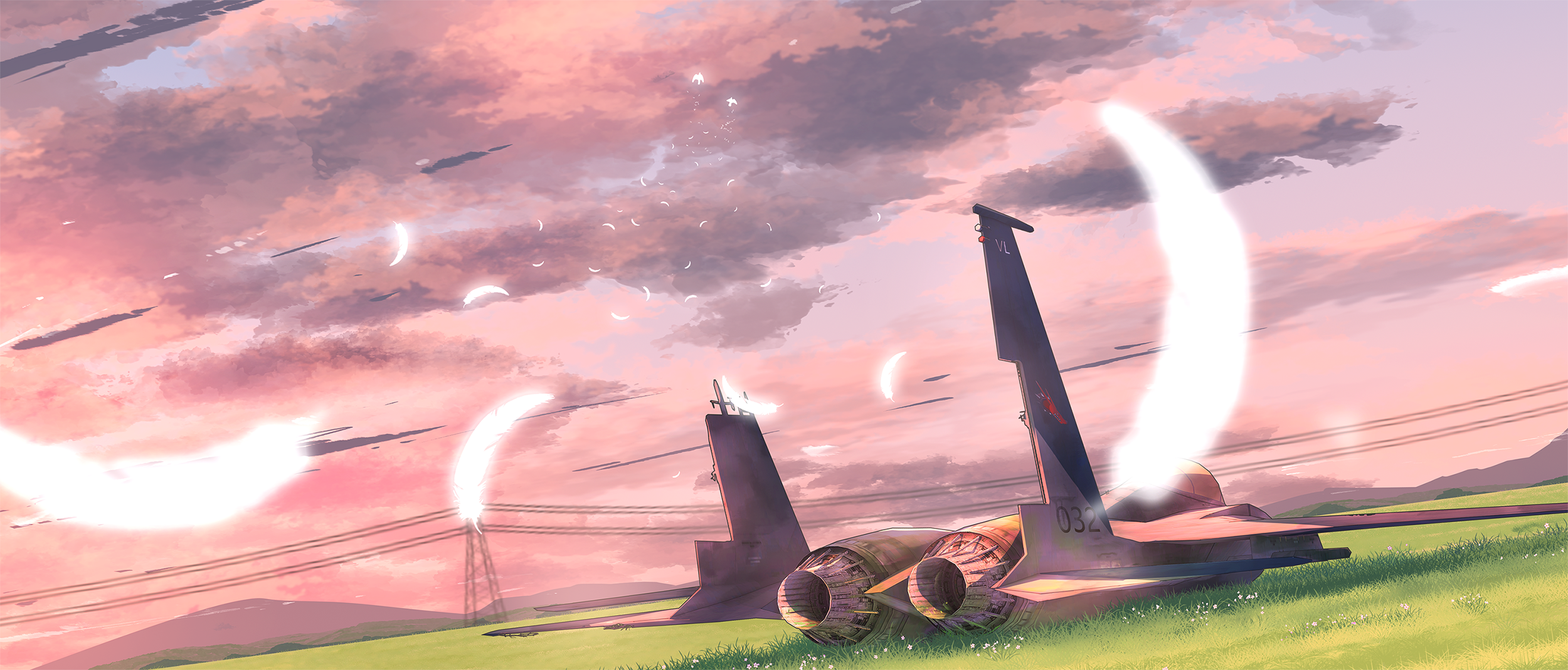 ace_combat ace_combat_zero aircraft airplane bird blue_sky cloud cloudy_sky damaged day f-15_eagle feathers fighter_jet grass grasslands highres line4x military military_vehicle no_humans power_lines scenery sky transmission_tower