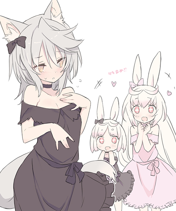 3girls animal_ears blade_(galaxist) blush commentary_request dress heart kirara_ookami long_hair low-tied_long_hair multiple_girls official_art open_mouth pink_hair pop-up_story rabbit_ears rabbit_girl red_eyes rita_drake ruri_ookami short_hair siblings simple_background sisters smile tail white_background white_hair wolf_ears wolf_tail yellow_eyes