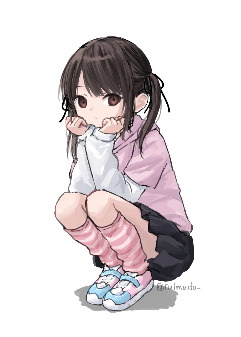 1girl black_skirt brown_eyes brown_hair closed_mouth full_body hair_ribbon long_hair long_sleeves looking_at_viewer original pleated_skirt ribbon ruimado shoes simple_background skirt socks solo squatting twintails twitter_username white_background
