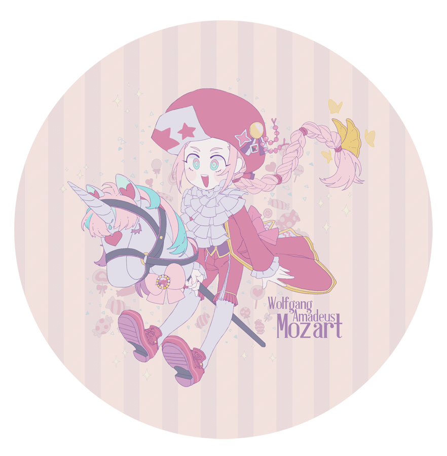 1boy ascot character_name classicaloid deformed full_body gradient_eyes hair_ribbon hat hobby_horse jacket long_braid male_focus multicolored_eyes open_mouth pink_hair red_footwear red_hat red_jacket red_shorts ribbon round_image sf_jd shorts socks solo striped_background teeth unicorn upper_teeth_only white_ascot white_socks wolfgang_amadeus_mozart_(classicaloid)