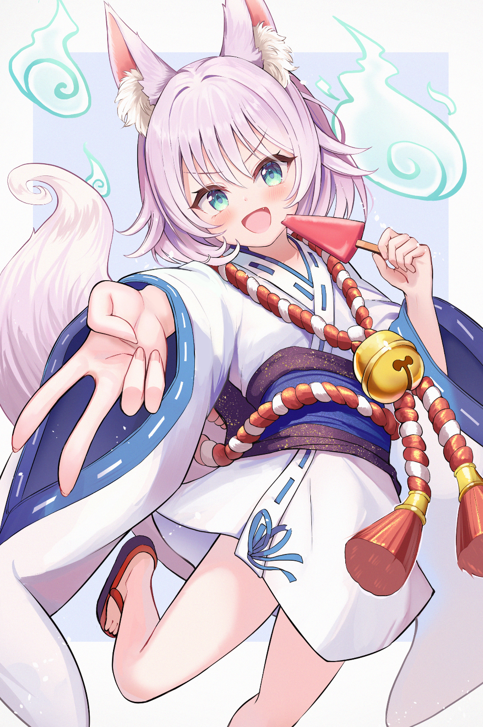 1girl :d animal_ear_fluff animal_ears bell black_sandals blue_background blush border commentary_request fang food fox_ears fox_girl fox_tail green_eyes grey_border grey_hair highres hitodama holding holding_food japanese_clothes jingle_bell kimono long_sleeves looking_at_viewer obi open_mouth original popsicle ribbon-trimmed_kimono ribbon_trim sakura_ani sandals sash smile solo tail v-shaped_eyebrows watermelon_bar white_kimono wide_sleeves zouri