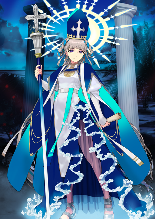 1girl arm_at_side blue_cape blue_hat blue_skirt blue_theme braid braided_hair_rings breasts cape christianity closed_mouth cross dress fate/grand_order fate_(series) frilled_dress frilled_skirt frills full_body game_cg grey_hair grey_sandals hair_rings halo hand_up hat holding holding_scroll holding_staff johanna_(fate) johanna_(third_ascension)_(fate) juliet_sleeves latin_cross layered_sleeves long_hair long_skirt long_sleeves looking_at_viewer mitre multicolored_hair official_art puffy_sleeves purple_eyes sandals sash scroll see-through_skirt_layer side_slit sidelocks skirt smile solo spiked_halo staff standing streaked_hair swept_bangs takenashi_eri third-party_source two-sided_cape two-sided_fabric variant_set very_long_hair waist_sash white_dress wide_sleeves
