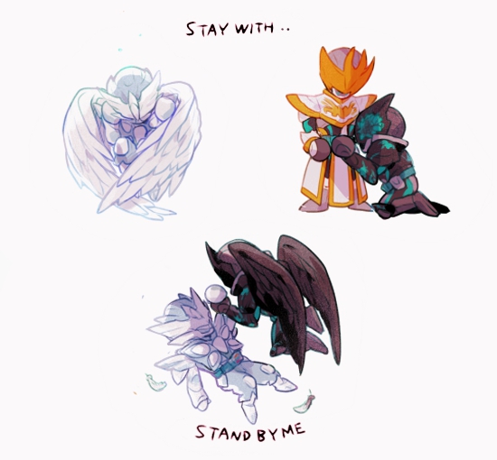 2boys armor arms_at_sides bat_(animal) bat_genome bat_wings belt black_wings blue_background blue_bodysuit blue_headwear bodysuit boots character_name chibi cowl dark_foreground rider_belt elbow_spikes evilblade fake_horns flower flying forest full_body gauntlets gloves glowing glowing_eyes helmet high_collar holding holding_weapon holy_live horned_helmet horns kamen_rider kamen_rider_evil kamen_rider_live kamen_rider_revice looking_at_viewer male_focus multiple_boys multiple_persona nature open_hands orange_eyes reiwa rider_belt shoulder_armor simple_background sketch sky spiked_armor spiked_helmet spoilers standing stylistic symbol-only_commentary tokusatsu two_sidriver visor visor_(armor) weapon white_armor white_background white_wings wing_genome wings zipper zo_ochi2