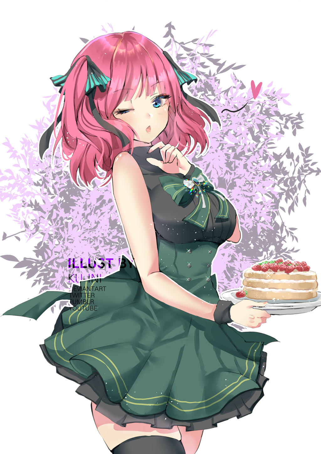 1girl bare_arms black_ribbon black_shirt black_thighhighs blue_eyes blunt_bangs blush bow breasts brooch butterfly_hair_ornament cake cake_slice flower food frilled_skirt frills go-toubun_no_hanayome green_bow green_skirt hair_ornament heart high-waist_skirt highres holding holding_plate jewelry ku-ini large_breasts looking_at_viewer nail_polish nakano_nino one_eye_closed open_mouth pink_hair pink_nails plate ribbon shirt simple_background skirt sleeveless sleeveless_shirt sparkling_eyes strawberry_shortcake thick_thighs thighhighs thighs twintails wrist_cuffs zettai_ryouiki