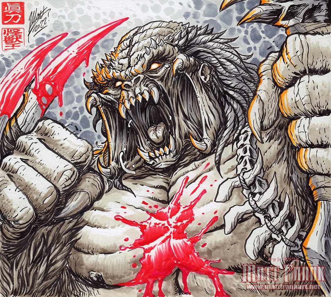 alien alien_(series) alien_vs._predator arm_blade bifurcated_jaw blood blood_on_chest blood_on_plate crossover dreadlocks fangs fusion giant giant_monster godzilla_(series) godzilla_vs._kong kaiju king_kong_(series) legendary_pictures matt_frank monster monsterverse multiple_crossover predator_(character) predator_(series) weapon wrist_blades