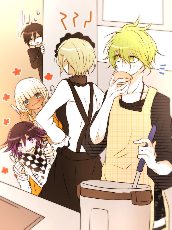 2girls 3boys ahoge amami_rantaro antenna_hair apron black_gloves black_hair black_jacket blonde_hair blush buttons checkered_clothes checkered_scarf collarbone commentary cooking criss-cross_back-straps cutlery danganronpa_(series) danganronpa_v3:_killing_harmony dark-skinned_female dark_skin dress flipped_hair flower_symbol food fork gloves green_eyes green_hair hair_between_eyes hairband hands_on_own_hips holding holding_fork holding_knife holding_ladle jacket jewelry knife lace-trimmed_hairband lace_trim ladle licking_lips long_hair long_sleeves low_twintails maid medium_hair multiple_boys multiple_girls necklace negi_(ngng_9) oma_kokichi open_mouth purple_eyes purple_hair saihara_shuichi scarf shell shell_necklace shirt short_hair smile soup stirring striped_clothes striped_shirt sweatdrop tasting tojo_kirumi tongue tongue_out twintails two-tone_scarf white_hair white_shirt yellow_apron yonaga_angie
