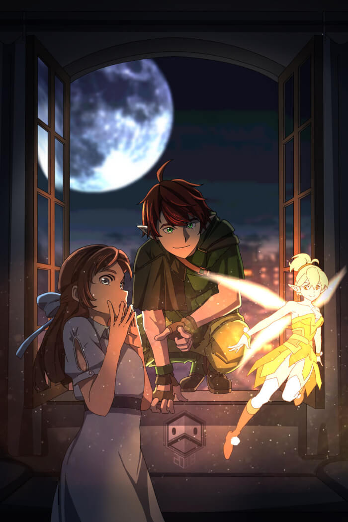 1boy black_footwear blonde_hair blue_dress blue_eyes boots brown_hair bug dress fairy feathers flute fly fly_agaric gloves green_eyes green_shirt green_tunic insect instrument leaf moon mushroom non-web_source pan_flute peter_pan peter_pan_(character) pointy_ears red_feathers red_hair shirt short_hair size_difference tinker_bell_(character) tinker_bell_(disney) toon_(style) tunic walt_disney&#039;s_peter_pan watermark wendy_darling