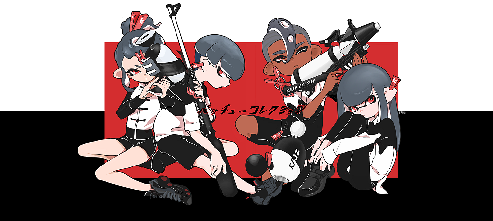 2boys 2girls black_leggings black_shirt black_shoes black_shorts black_sleeves commentary_request dark-skinned_male dark_skin full_body grey_hair hair_between_eyes holding holding_weapon imaikuy0 inkling inkling_boy inkling_girl inkling_player_character jacket leggings long_hair luna_blaster_(splatoon) multiple_boys multiple_girls nintendo octoling octoling_boy octoling_girl octoling_player_character one_eye_closed pointy_ears ponytail red_eyes shirt shoes short_hair short_ponytail shorts sneakers splat_charger_(splatoon) splatoon_(series) splatoon_2 splattershot_(splatoon) splattershot_pro_(splatoon) tentacle_hair toni_kensa_(splatoon) two-tone_shirt weapon white_jacket white_shirt