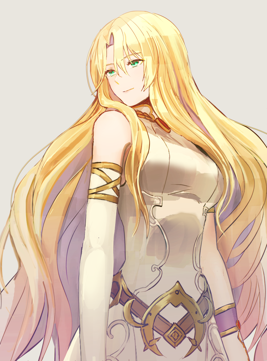 1girl blonde_hair breasts closed_mouth dress elbow_gloves fire_emblem fire_emblem:_the_binding_blade fire_emblem:_the_blazing_blade gloves green_eyes grey_background long_dress long_hair looking_to_the_side medium_breasts nintendo saint_elimine_(fire_emblem) shoochiku_bai simple_background smile solo upper_body very_long_hair white_dress