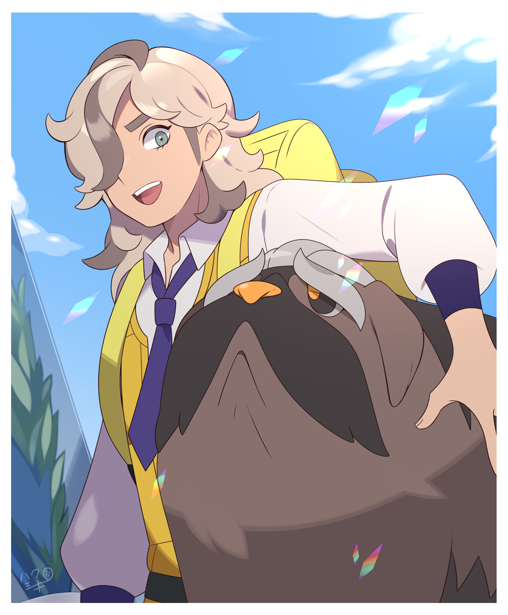 1boy :d arven_(pokemon) backpack bag border brown_hair cloud collared_shirt commentary_request day eyelashes green_eyes highres kashiri_kurosuke mabosstiff male_focus multicolored_hair necktie nintendo open_mouth outdoors pokemon pokemon_(creature) pokemon_sv purple_necktie shirt sky smile teeth tongue two-tone_hair upper_teeth_only white_border white_shirt yellow_bag