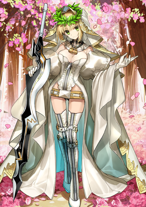 1girl aestus_estus ahoge blonde_hair boots bow breasts chain cleavage closed_mouth collar detached_sleeves fate/grand_order fate_(series) full-length_zipper full_body gloves gold_belt gold_trim green_eyes hair_between_eyes hair_bow hair_intakes hand_on_own_hip hand_up head_tilt head_wreath holding holding_sword holding_weapon juliet_sleeves leotard lock long_sleeves long_veil nero_claudius_(bride)_(fate) nero_claudius_(bride)_(third_ascension)_(fate) nero_claudius_(fate) official_art padlock padlocked_collar petals pink_petals puffy_sleeves shoes short_hair showgirl_skirt sidelocks skirt smile solo standing strapless strapless_leotard sword thigh_boots thigh_gap third-party_source tree variant_set veil wada_arco weapon white_boots white_bow white_collar white_gloves white_leotard white_shoes white_skirt white_sleeves white_veil wide_sleeves zipper zipper_pull_tab