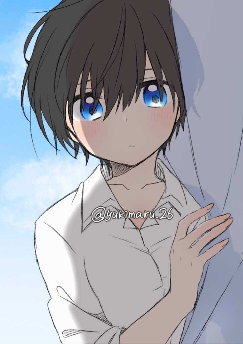 1girl blue_eyes blue_sky brown_hair collared_shirt highres looking_at_viewer original rinlaby shirt short_hair signature sky tomboy white_curtains white_shirt