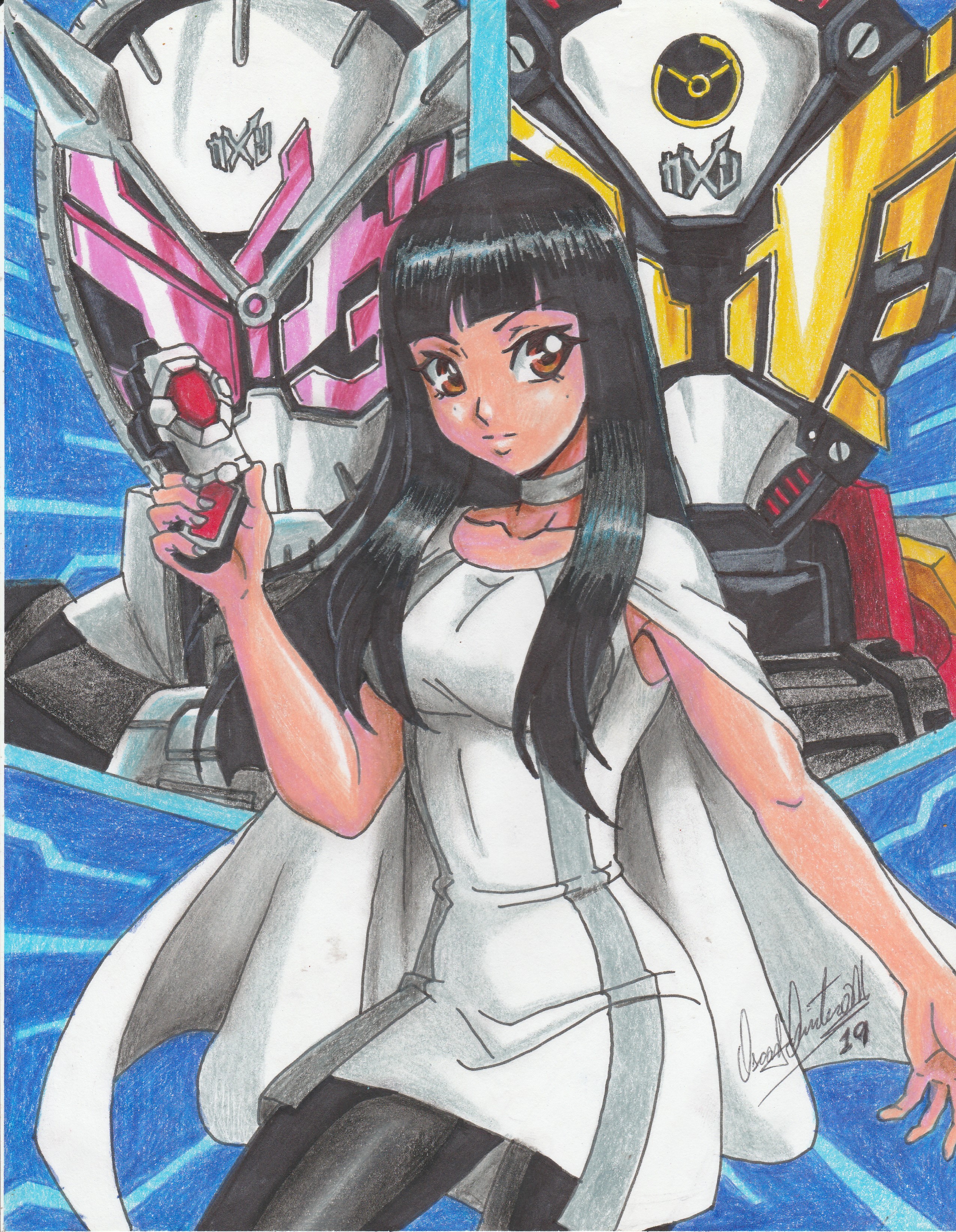 1girl 2019 absurdres armor artist_name black_hair blunt_bangs bodysuit brown_eyes cape choker dress rider_belt helmet highres holding kamen_rider kamen_rider_zi-o kamen_rider_zi-o_(series) mole mole_under_eye pantyhose pink_eyes ravernclouk_design traditional_media tsukuyomi_(zi-o) white_cape white_choker white_dress yellow_eyes