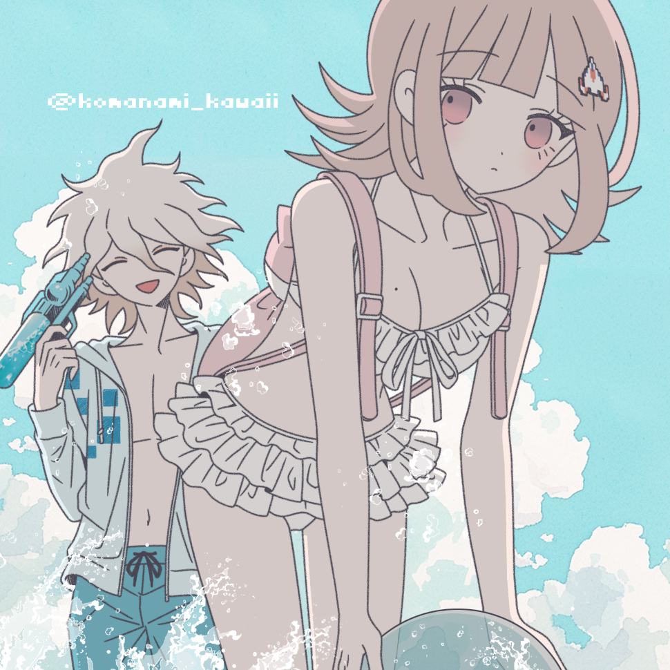 1boy 1girl :d animal_bag ball bare_shoulders bikini blunt_bangs breasts brown_hair cat_bag collarbone danganronpa_(series) danganronpa_2:_goodbye_despair danganronpa_s:_ultimate_summer_camp day flipped_hair galaga grey_hair hair_between_eyes jacket komaeda_nagito komanami_kawaii large_breasts male_underwear messy_hair mole mole_on_breast nanami_chiaki navel open_clothes open_jacket open_mouth pink_bag pink_eyes smile swimsuit underwear white_bikini white_jacket