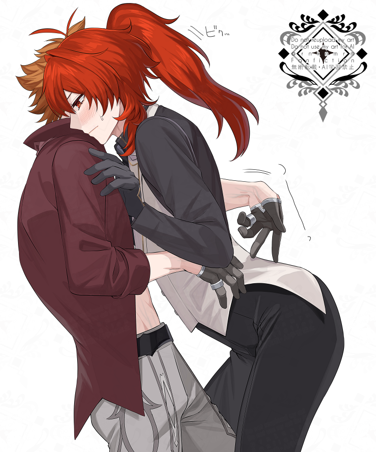 2boys black_gloves black_pants black_shirt curvy diluc_(genshin_impact) genshin_impact gloves grey_pants hair_between_eyes hiki_yuichi long_hair long_sleeves male_focus midriff multiple_boys orange_hair pants ponytail red_eyes red_hair red_shirt shirt short_hair tartaglia_(genshin_impact) white_background yaoi